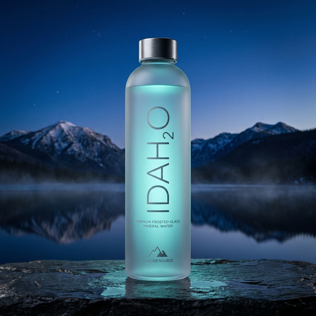 IDAH2O premium frosted glass mineral water bottle, cinematic product render, cyan-blue glowing water, Idaho West Central Mountains and Payette Lake reflection at twilight, hyperreal, magazine quality