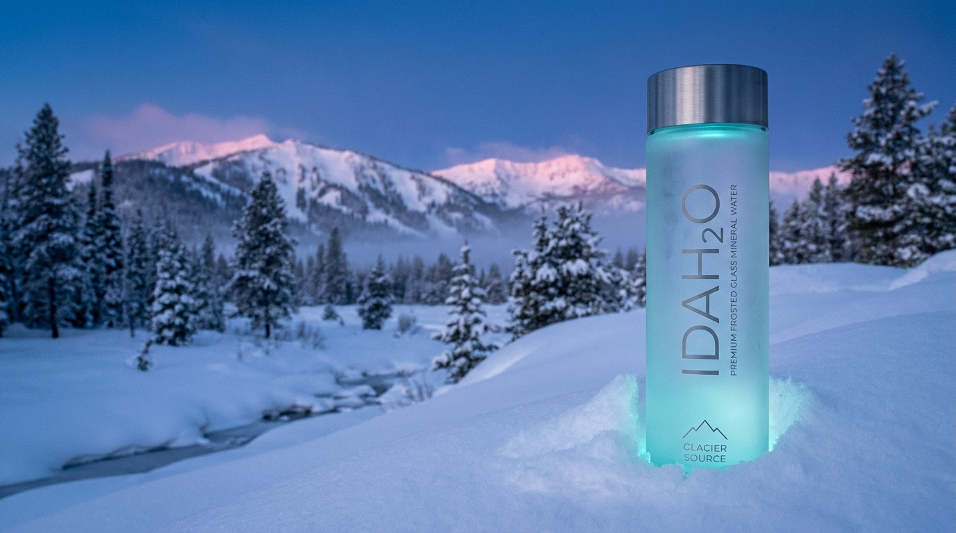 IDAH2O bottle nestled in deep McCall, Idaho snowpack with the Salmon River Mountains and alpenglow on Brundage and Jughandle peaks